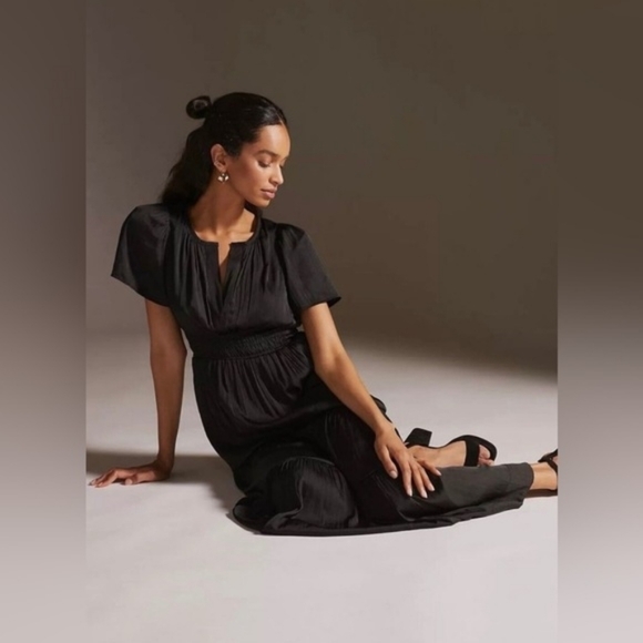 💘 Anthropologie black Somerset Maxi-dress the satin addition Sz S - Picture 2 of 9
